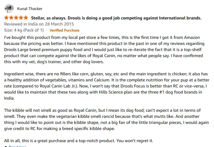 Drools Focus Dog food Amazon verified review screenshot- best food for dog