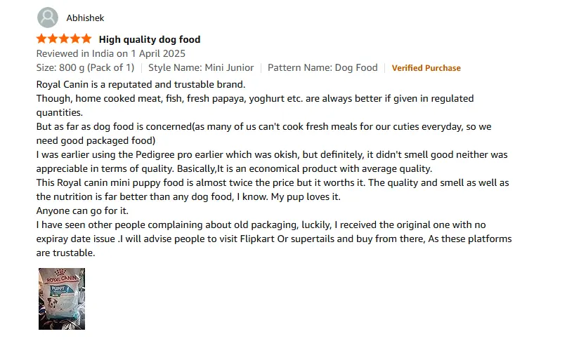 Royal Canin dog food amazon verified review screenshot- best food for dogs