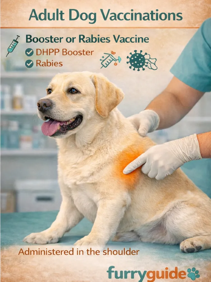 adult dog vaccination shown near the shoulder or leg area