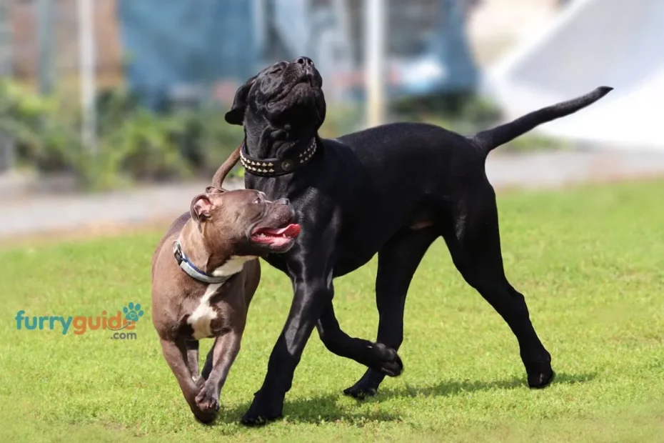 cane corso dog breed showing muscular build and calm temperament, playing with dog