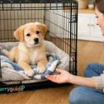 Puppy resting comfortably inside an open crate during training