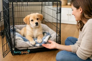 Puppy resting comfortably inside an open crate during training