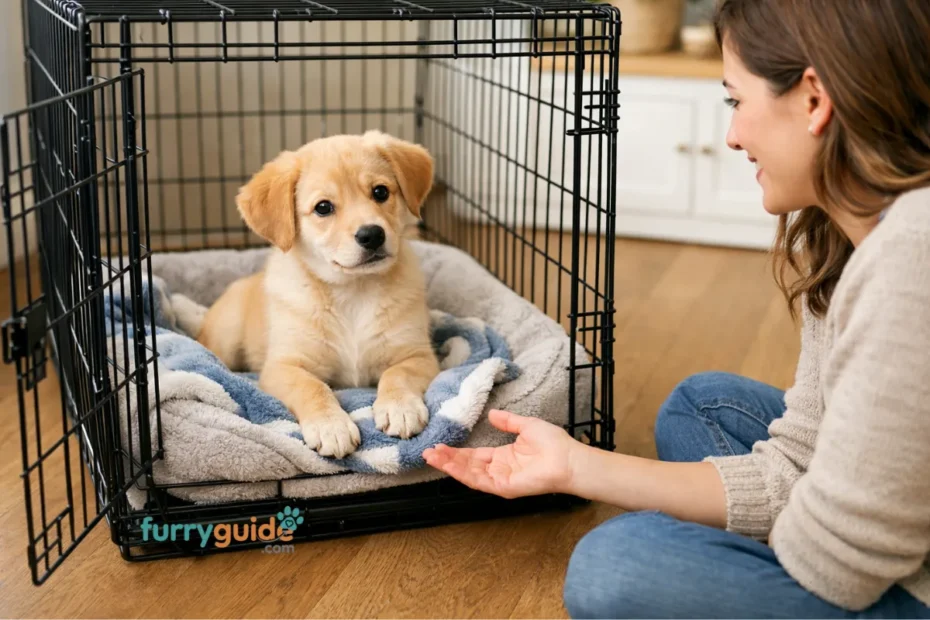 Puppy resting comfortably inside an open crate during training