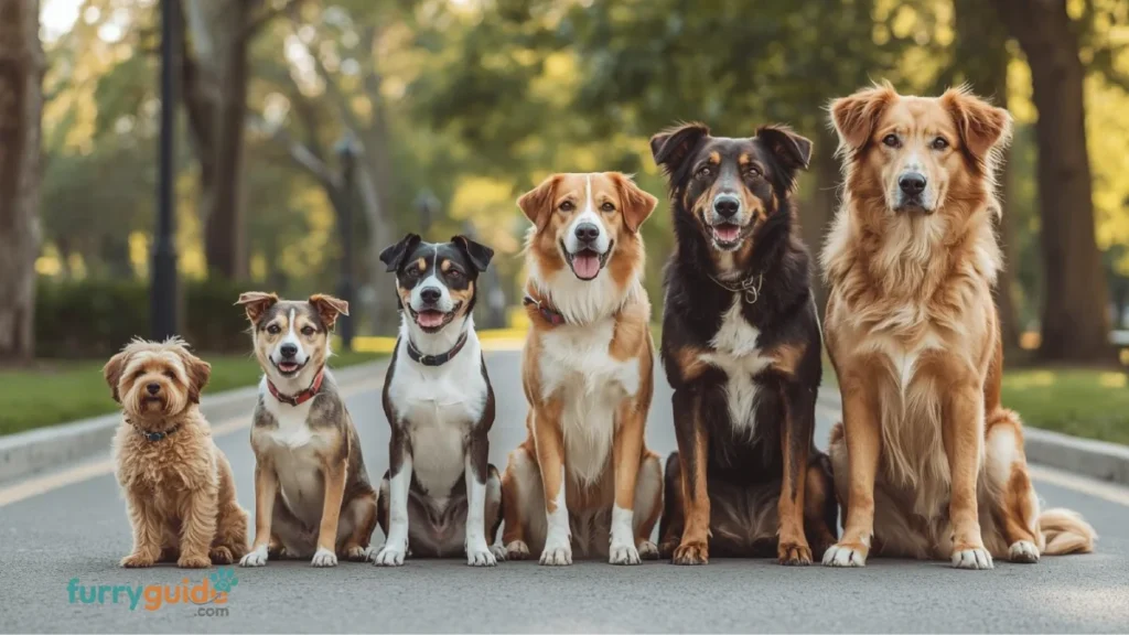 different dog breeds representing small, medium, large and toy size categories