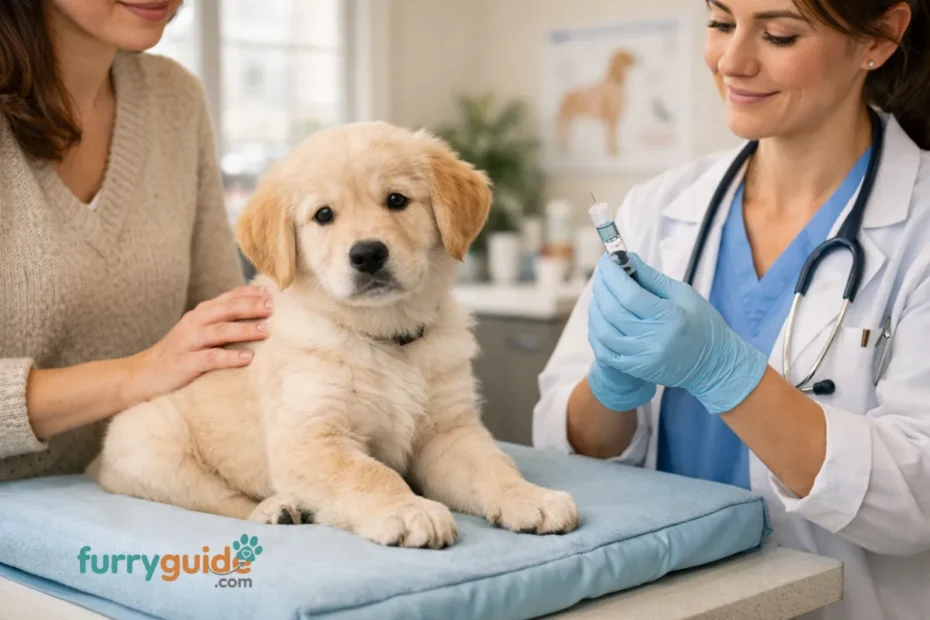 Puppy recieving routine vaccination for a healthy schedule- dog vaccination schedule