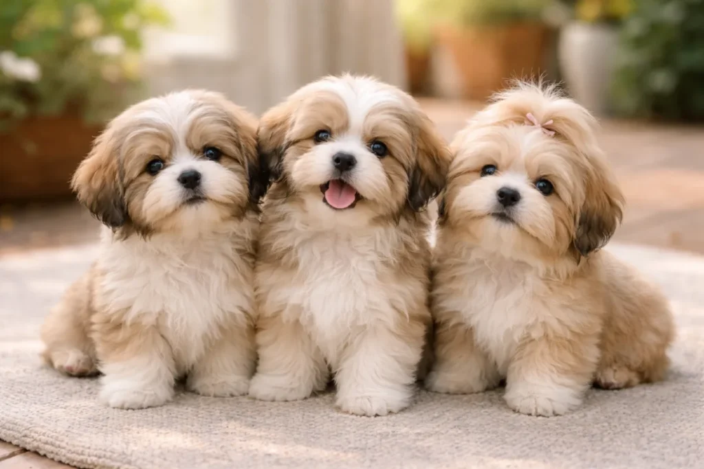 Lhasa Apso puppies with long silky coats sitting together