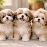 Lhasa Apso puppies with long silky coats sitting together