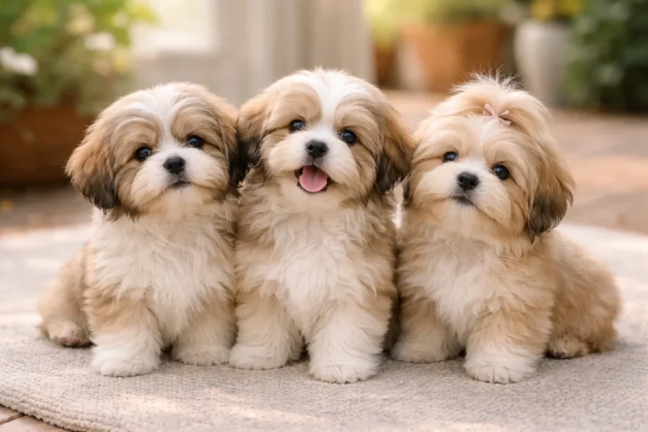 Lhasa Apso puppies with long silky coats sitting together