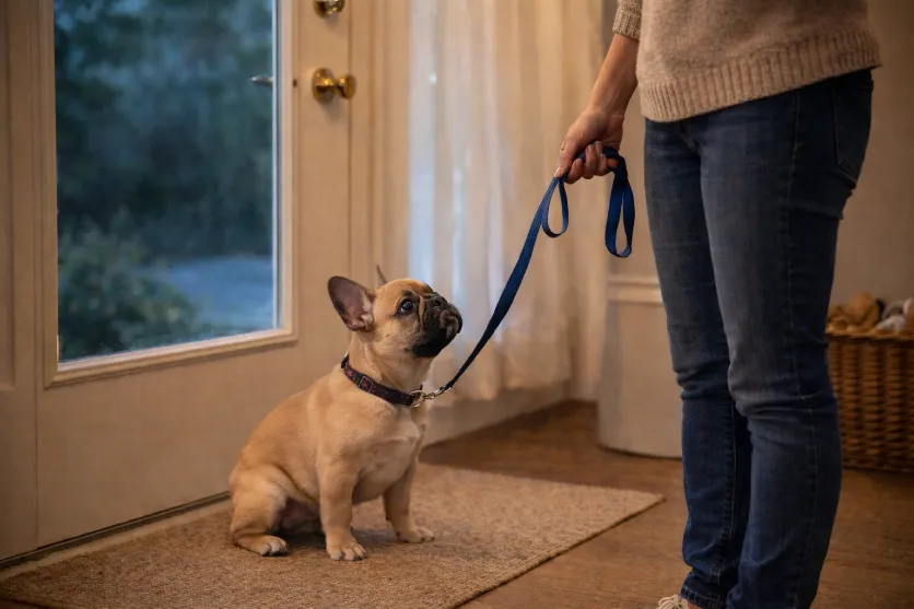 puppy sitting near the washroom door with parent 