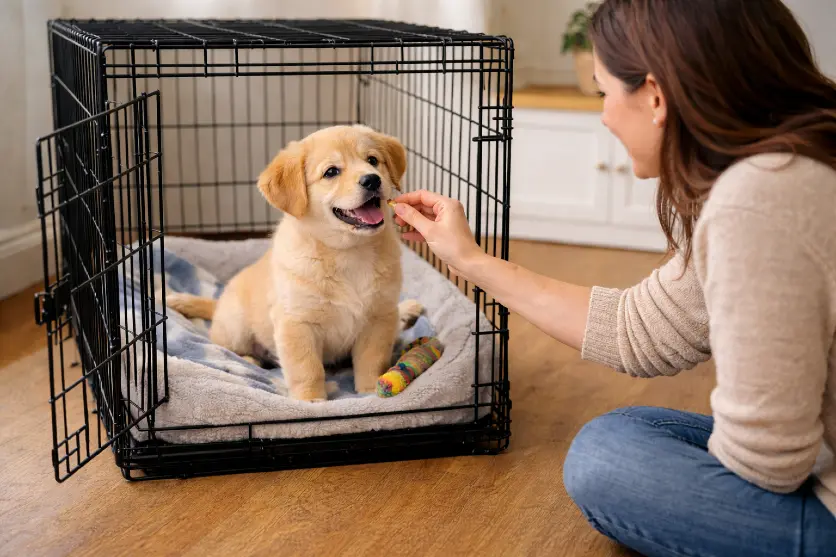 offering treats during crate training a puppy 
